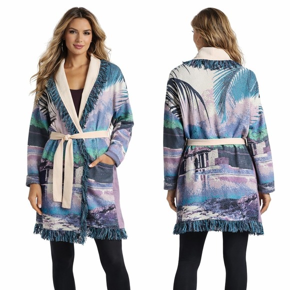 Anthropologie Aldo Martin XS Tapestry Fringe Long Cardigan Sweater Scenic $228